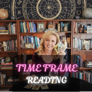 May include: A woman holding tarot cards with the text "TIME FRAME READING" in pink. The background includes bookshelves filled with books, a crystal ball, and a celestial tapestry. The image suggests a spiritual or divination theme.