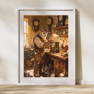 May include: A framed wall art print depicting an owl dressed in a waistcoat and leather apron, standing at a wooden workbench. The owl is repairing a mechanical clock surrounded by various antique clocks, gears, tools, and a desk lamp in a workshop.