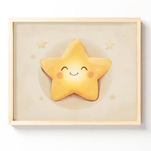 Scandinavian Printable Nursery Art - Cute Vintage Style Star Illustration, Child-Friendly Wall Decor, Golden Yellow & Neutral Tones 402