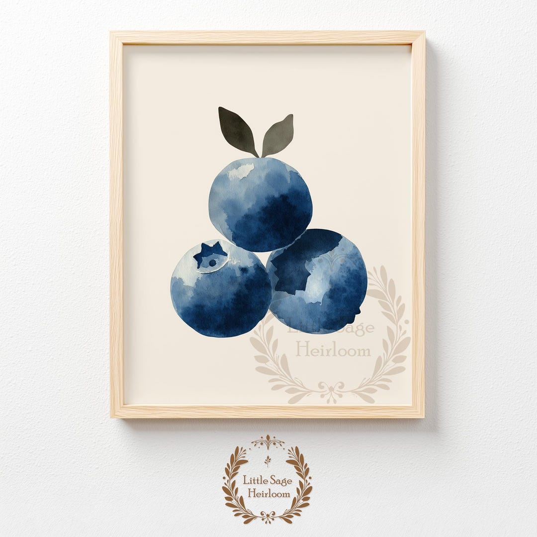 Nursery Blueberry Watercolor Print - Cute Modern Botanical Art, Neutral ...