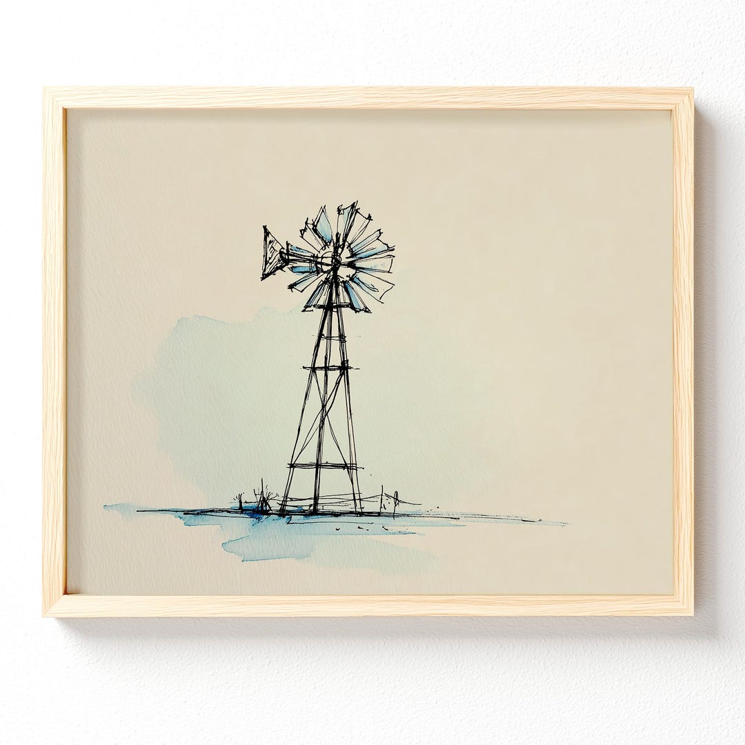 Rustic Windmill Drawing Rustic Windmill Art, Farmhouse Ink Sketch With Watercolor, Minimalist ...