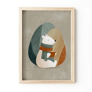 Cute Bear Reading with Scarf - Printable Nursery Art, Earthy Scandinavian Decor, Cozy Minimalist Wall Art Design, Digital Illustration 46