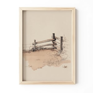 Printable Farm Sketch with Split-Rail Fence - Rustic Cottage Core Art, Neutral Nursery Decor, Vintage Pen and Ink Digital Download 539