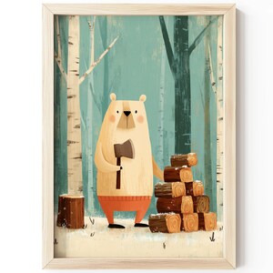 Anthropomorphic Bear with Axe, Cozy Rustic Kids Room Wall Art (Digital Download) 868