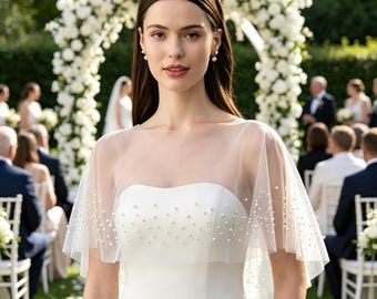 Pearl Bridal Capelet, Elegant Tulle Wedding Wrap for Brides, Minimalist Sheer Shoulder Cover Up