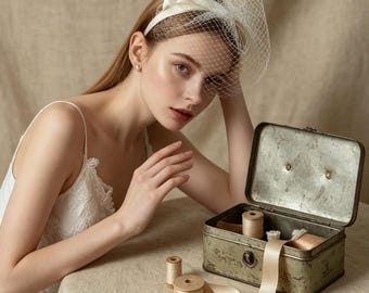 Velo de novia tipo jaula, broche de lazo de satén, tocado nupcial de estilo francés, ceremonia civil.