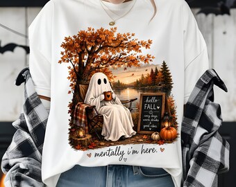 Summerween Ghost Png, Mentally I am Here Sublimation Design, Trendy Halloween Lover Shirt Design, Funny Fall Png