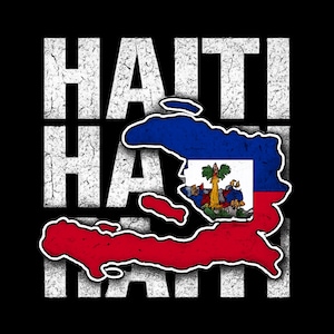 Peut inclure: Graphique noir avec le mot "HAITI" en texte blanc vieilli. Le contour d'Haïti est rempli des couleurs du drapeau haïtien : bleu et rouge. Le drapeau est au centre du contour de l'île.