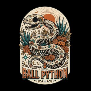 Imagen PNG de pitón bola, diseño de camiseta de serpiente con calavera de azúcar colorida para Halloween, regalo para amantes de los reptiles del Día de Muertos, descarga digital DTF para sublimación.