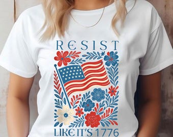 Resist Like It's 1776 PNG, Patriotic Floral American Flag Design, Vintage Boho USA Independence Day Sublimation Download