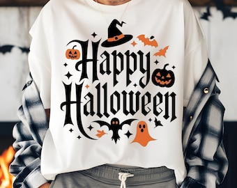 Halloween Ghost Pumpkin PNG, Cute Spooky Bat Witch Ghost Clipart, Orange Black Halloween Shirt Design, Kids Sublimation Digital Download