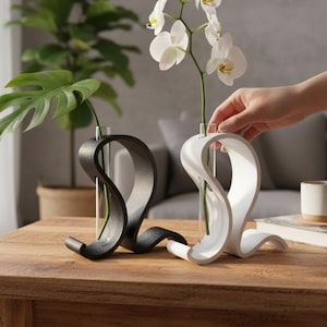 Peut inclure: Deux vases décoratifs, un noir et un blanc, sont posés sur une table en bois. Chaque vase a un design unique et fluide et contient un tube en verre pour exposer des fleurs. L'un contient une grande feuille verte, l'autre des orchidées blanches.