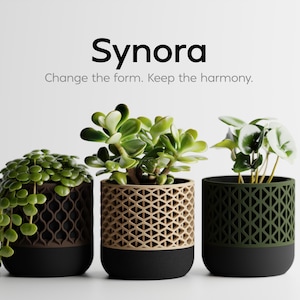 Könnte beinhalten: Drei dekorative Blumentöpfe mit lebenden Pflanzen. Die Töpfe haben ein geometrisches Design in Braun, Beige und Dunkelgrün mit schwarzem Sockel. Der Text "Synora" und "Change the form. Keep the harmony." sind angezeigt.