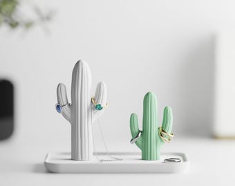 Schmuckständer Rechteckig Set | Kaktus Ringhalter & Schale Modern | Scandi Deko Aufbewahrung