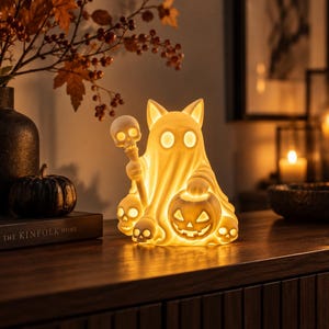 Może przedstawiać: Świecąca biała lampa w kształcie kociego ducha trzymającego kostur zwieńczony czaszką. Figurka jest otoczona trzema małymi czaszkami i wydrążoną dynią u podstawy. Lampa emituje ciepłe światło wydobywające się z jej wnętrza.