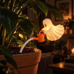 Pode incluir: Uma lâmpada branca em forma de fantasma que brilha, segurando um pequeno regador laranja. O regador tem um bico branco que se estende até o solo de uma planta em vaso grande. A figura do fantasma emite uma luz suave e quente nas folhas.