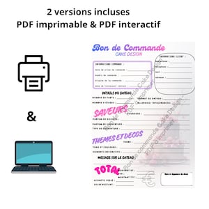 Peut inclure: Un bon de commande de gâteau PDF imprimable et interactif avec le texte "Bon de Commande CAKE DESIGN". Le formulaire comprend des sections pour les détails de la commande, du gâteau, les saveurs, les thèmes et un total. Une imprimante et un ordinateur portable sont également présents.