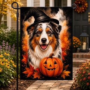 Australian Shepherd Halloween Garden Flag, Witch Dog Yard Flag, Pumpkin Porch Decor, Fall Outdoor Decor, Front Door Banner Gift