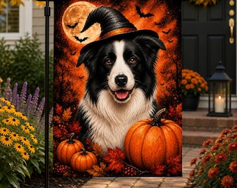 Bandera de jardín de Halloween con Border Collie, bandera de patio con perro bruja, decoración de porche con calabaza, decoración exterior de otoño, pancarta para puerta principal.