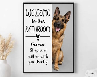 Badkamerposter Duitse herder, welkomstbord, grappig toiletdecor, aangepaste koosnaam kunst aan de muur, cadeau hondenliefhebber