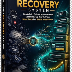 Puede incluir: Un libro de tapa dura titulado The AI Lead Recovery System con un fondo oscuro que presenta un icono de cerebro brillante, líneas de red digitales y un diagrama de flujo vertical que muestra los pasos de conversión de leads.
