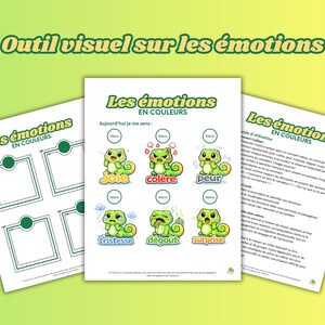 Könnte beinhalten: Lehrmittel zur Darstellung von Emotionen auf Französisch. Das Bild zeigt drei Blätter mit dem Titel "Les émotions en couleurs". Ein Blatt zeigt sechs Emotionen mit Cartoon-Geckos: Freude, Wut, Angst, Traurigkeit, Ekel und Überraschung.