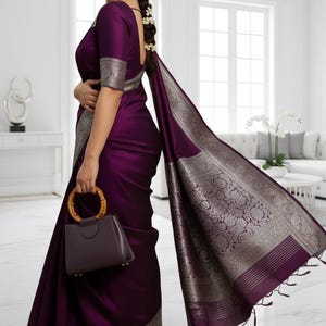 Puro Banarasi Suave Satén Nupcial Saree Llano Plata Zari Frontera Mezcla Katan Mashru Seda Regalo de Boda Kanjivaram Estilo Fiesta Usar Sari indio