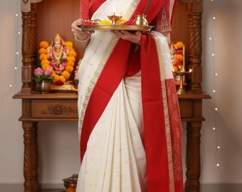 Bengali Garad Saree: witte lichi-zijden sari met rode rand