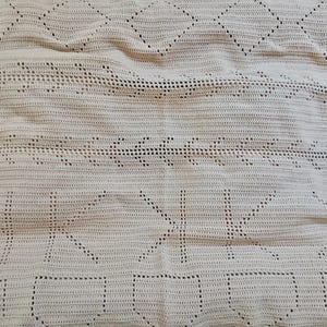 Puede incluir: Una manta de ganchillo de color crema que presenta un patrón repetitivo de diamantes calados, bandas horizontales en forma de chevrón y formas geométricas verticales creadas mediante una densidad de puntada variada en toda la superficie.