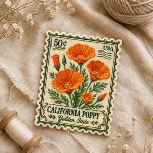 Może przedstawiać: Haftowana naszywka w kształcie znaczka pocztowego z pomarańczowymi kalifornijskimi makami. Znaczek zawiera napis "50¢" i "USA" z tekstem "CALIFORNIA POPPY Golden State". Naszywka ma zieloną obwódkę.