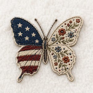 May include: Embroidered butterfly patch with a patriotic design. One wing features the American flag, while the other displays floral patterns in red, blue, and cream. The patch is detailed with intricate stitching.