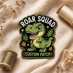 May include: Embroidered patch featuring a green cartoon Tyrannosaurus Rex with the text "ROAR SQUAD CUSTOM PATCH" in white and yellow. The patch has a black background with green and yellow accents. The patch is on a beige fabric.