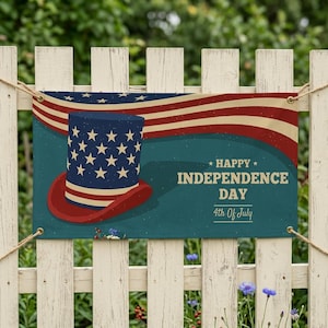 Könnte beinhalten: Ein Banner mit patriotischem Design zum Unabhängigkeitstag. Es zeigt einen Zylinder mit Sternen, die amerikanische Flagge und den Text "Happy Independence Day 4th of July" in Weiß. Das Banner wird an einem weißen Zaun präsentiert.