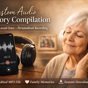 Op de afbeelding: Een oudere persoon met een witte koptelefoon die naar audio luistert op een smartphone. De telefoon toont een golfvormgrafiek. De afbeelding bevat de tekst "Custom Audio Memory Compilation" en "Voices of Loved Ones • Personalized Recording."