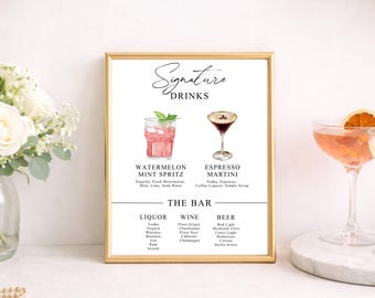 Editable Wedding Bar Menu Template | Signature Cocktails Sign | Printable Bar Menu | Instant Download | Canva Template