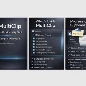 Puede incluir: Gráfico de tres paneles que promociona MultiClip, una herramienta de productividad de portapapeles. Los paneles muestran el logotipo de MultiClip, una lista de funciones y una demostración de su uso con "Bug Reports". El texto indica una descarga digital instantánea con 6 preajustes.