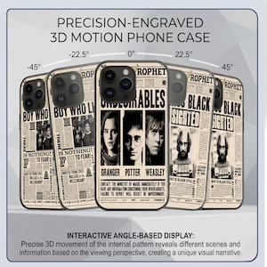 May include: A collection of phone cases with a newspaper design. The cases display images of characters and headlines from a fantasy series. The cases have the text "PRECISION-ENGRAVED 3D MOTION PHONE CASE" and "INTERACTIVE ANGLE-BASED DISPLAY".