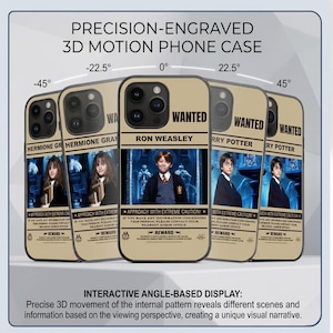 May include: A collection of tan phone cases with a "Wanted" poster design featuring characters. Each case has a different angle, showcasing a 3D motion effect. Text includes "Precision-Engraved 3D Motion Phone Case" and character names.