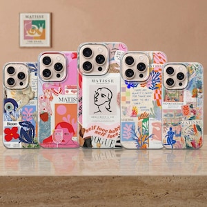May include: Five phone cases with vibrant Matisse-style designs. Each case displays a unique collage of art, text, and patterns in pink, blue, orange, and white. The cases are designed to fit a smartphone.