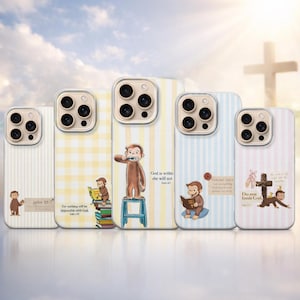May include: A collection of five phone cases with various designs. Each case features a cartoon monkey and inspirational quotes. The cases have a clear border and are decorated with stripes, gingham, and other patterns. The background includes a cross and a sky.