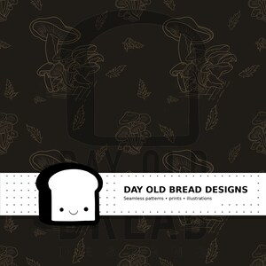 Puede incluir: Fondo negro con un patrón repetido de setas y hojas esbozadas en marrón claro. Una pancarta blanca con el texto "DAY OLD BREAD DESIGNS" y una rebanada de pan de dibujos animados.