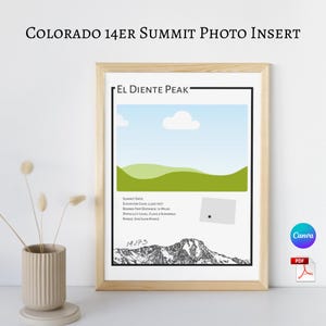 May include: A framed print with the text "COLORADO 14ER SUMMIT PHOTO INSERT" at the top. The print features a landscape illustration of El Diente Peak, with details including elevation gain of 1676.4 metres and a round-trip distance of 19.3 kilometres.