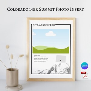 May include: A framed print with the text "COLORADO 14ER SUMMIT PHOTO INSERT" at the top. The print features a landscape illustration of Kit Carson Peak, with summit details, elevation, and a map of Colorado. The frame is light brown.