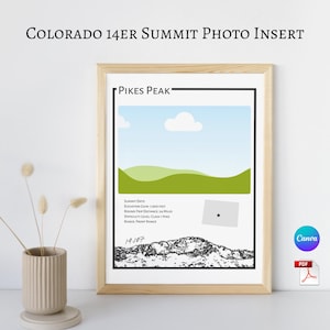 Puede incluir: Una impresión enmarcada con el texto "COLORADO 14ER SUMMIT PHOTO INSERT" en la parte superior. La impresión presenta un paisaje con una cordillera, un mapa de Colorado y el texto "PIKES PEAK". La impresión incluye detalles de la cumbre.