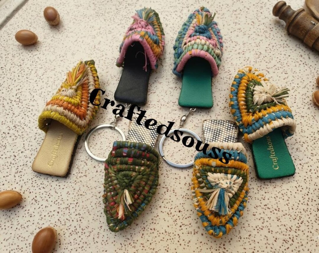 Raffia Keychains 6pc Handmade Moroccan Raffia Mini Babouche Set Genuine Camel Cow ...