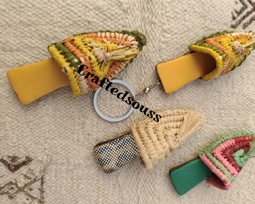Raffia Keychains 4pc Moroccan Raffia Babouche Gift Set Genuine Camel Leather Keychain 3 ...
