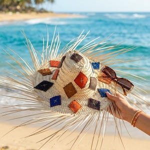 Oversized Moroccan Straw Hat  Handmade Palm Leaf Boho Fedora with Artisan Leather Patches  Luxury Summer Beach Hat