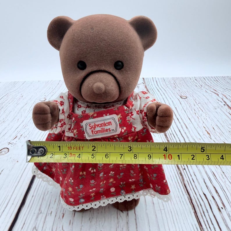 Vintage Sylvanian Families TOMY Brown Bear Mother Figure Red Floral Dress HTF image 15