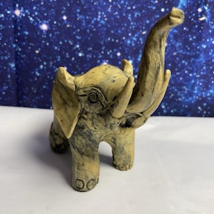 Hand Carved Soapstone Elephant Figurine Marbled Yellow Black Trunk Up Good Luck