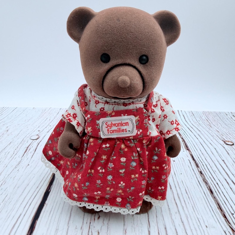 Vintage Sylvanian Families TOMY Brown Bear Mother Figure Red Floral Dress HTF image 1